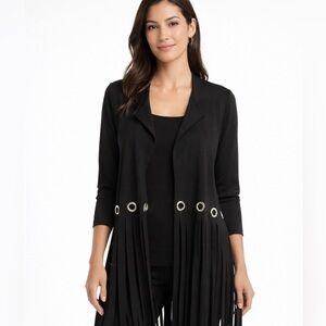 Eva Varro Black Fringe Jacket Grommet Detail Open Front Statement Top